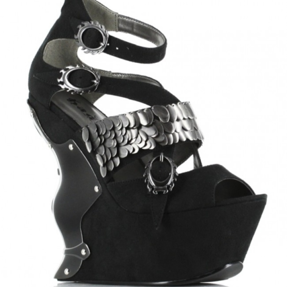 Leia Black Wedge Gothic Sandal w/Metal Cross Back